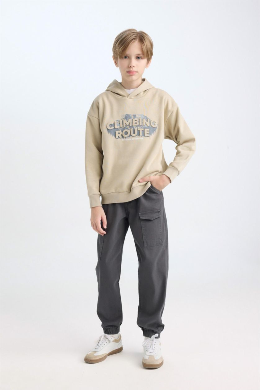 Erkek Çocuk - Genç Erkek Açık Haki Oversize Geniş Kalıp Kapüşonlu Baskılı Sweatshirt Erkek Çocuk