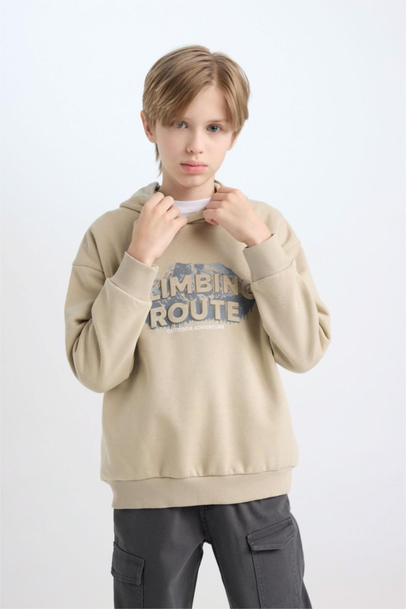 Erkek Çocuk - Genç Erkek Açık Haki Oversize Geniş Kalıp Kapüşonlu Baskılı Sweatshirt Erkek Çocuk