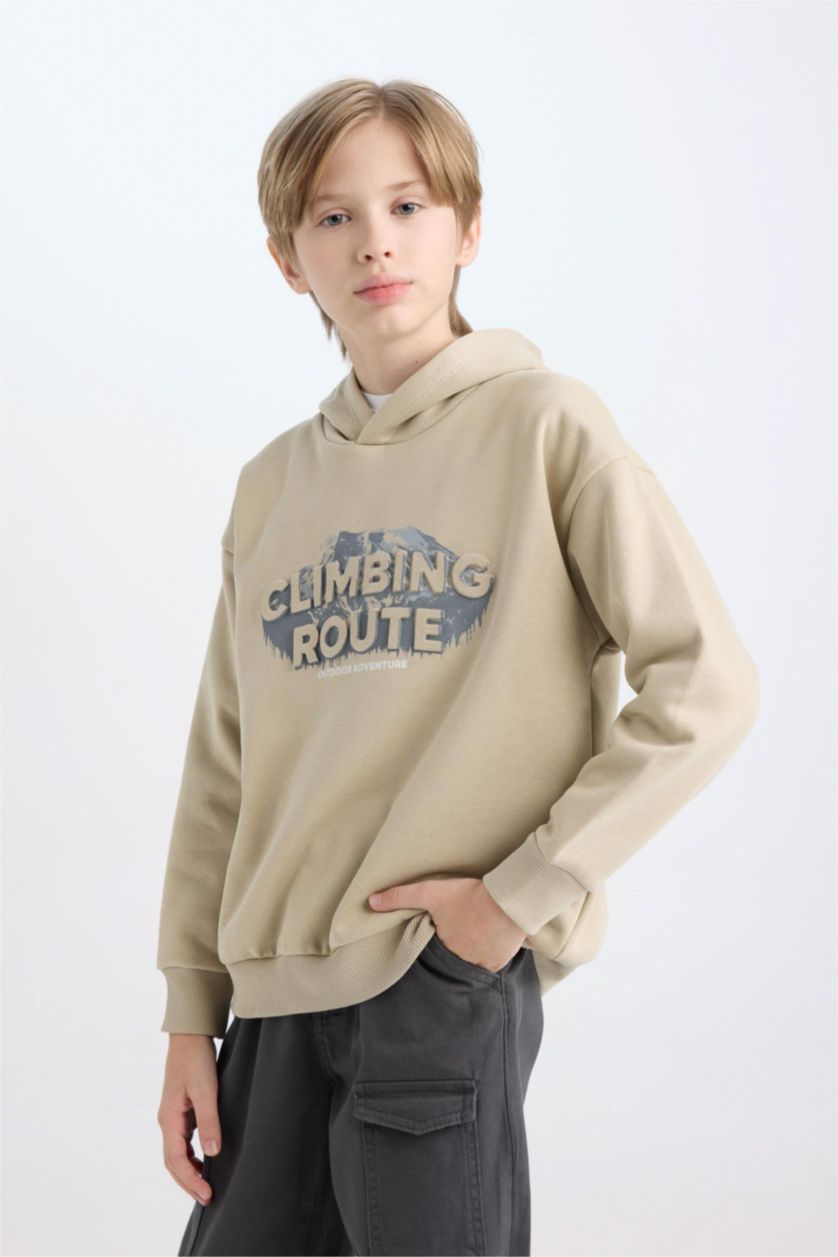 Erkek Çocuk - Genç Erkek Açık Haki Oversize Geniş Kalıp Kapüşonlu Baskılı Sweatshirt Erkek Çocuk