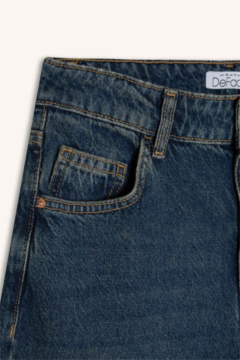 FEMME Bleu Pantalon Jean droit large taille haute long et délavé