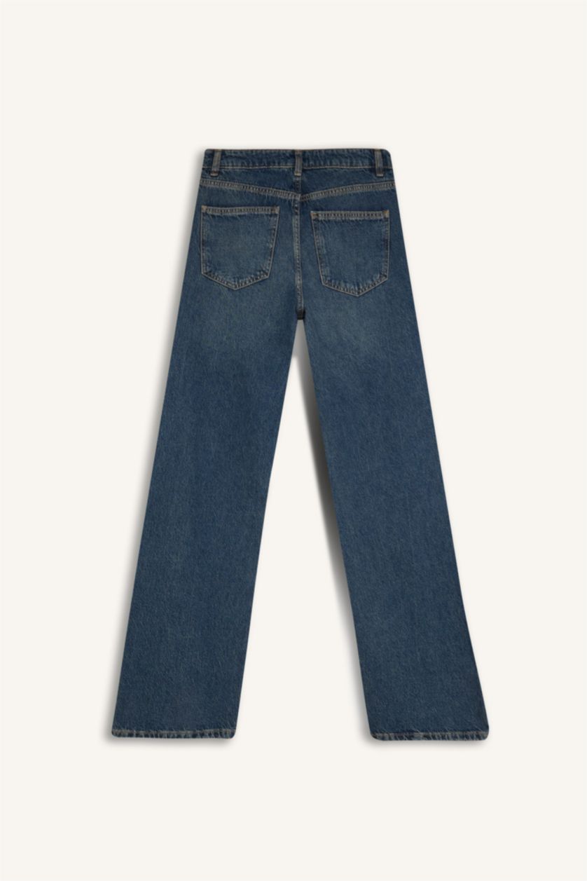 FEMME Bleu Pantalon Jean droit large taille haute long et délavé