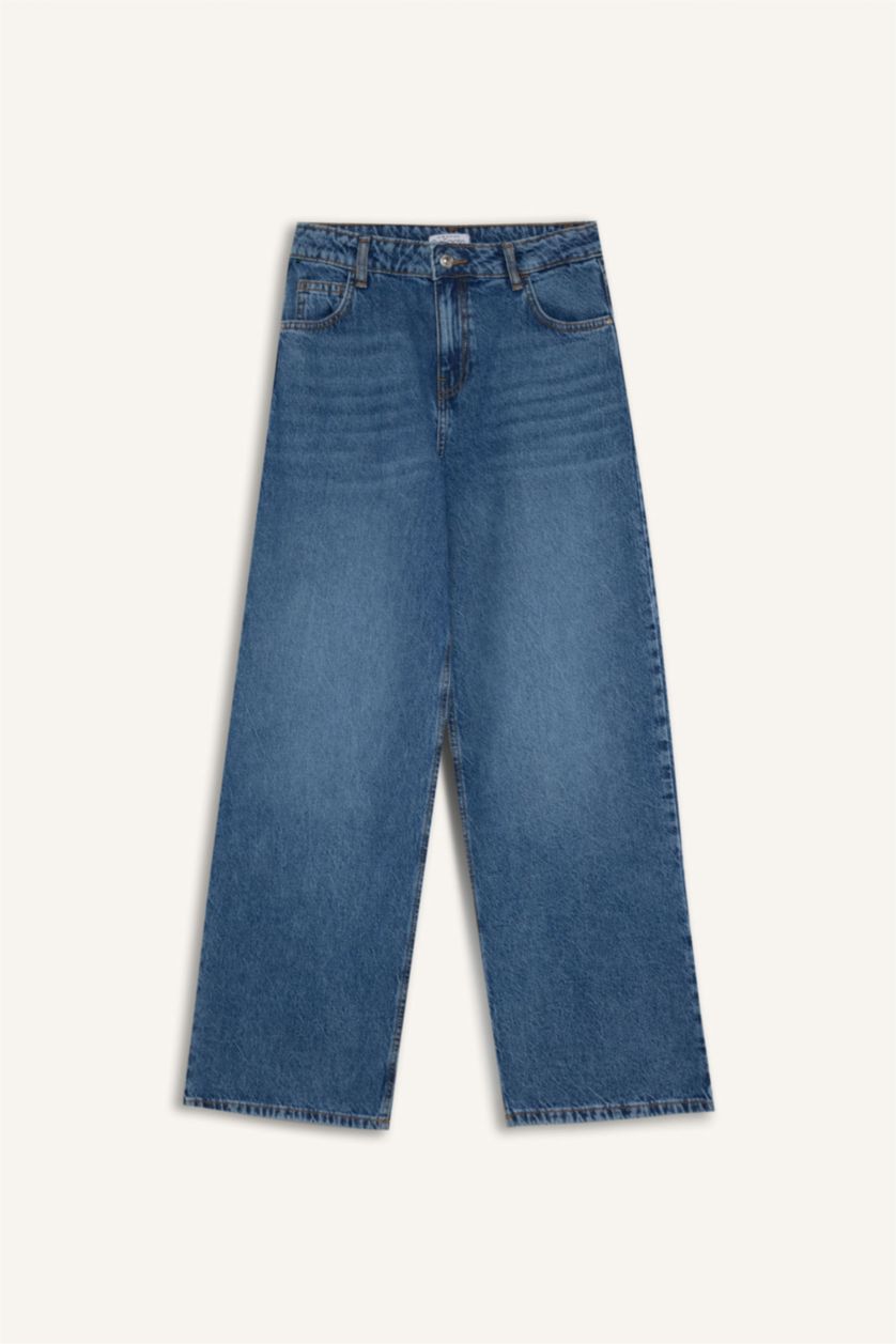 WOMAN Blue Straight Wide Leg High Waist Washed Jeans