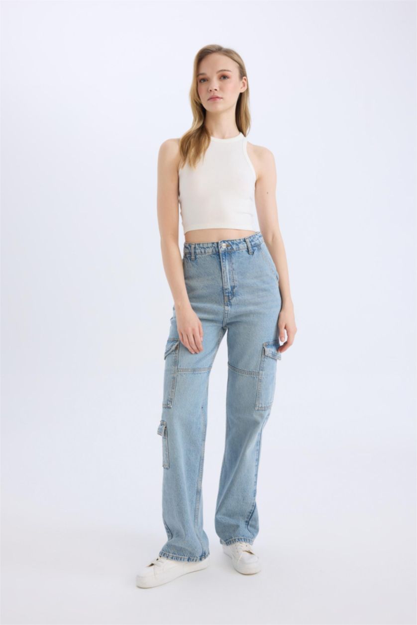 WOMAN Blue Wide Leg High Waist Straight Leg Washed Jeans