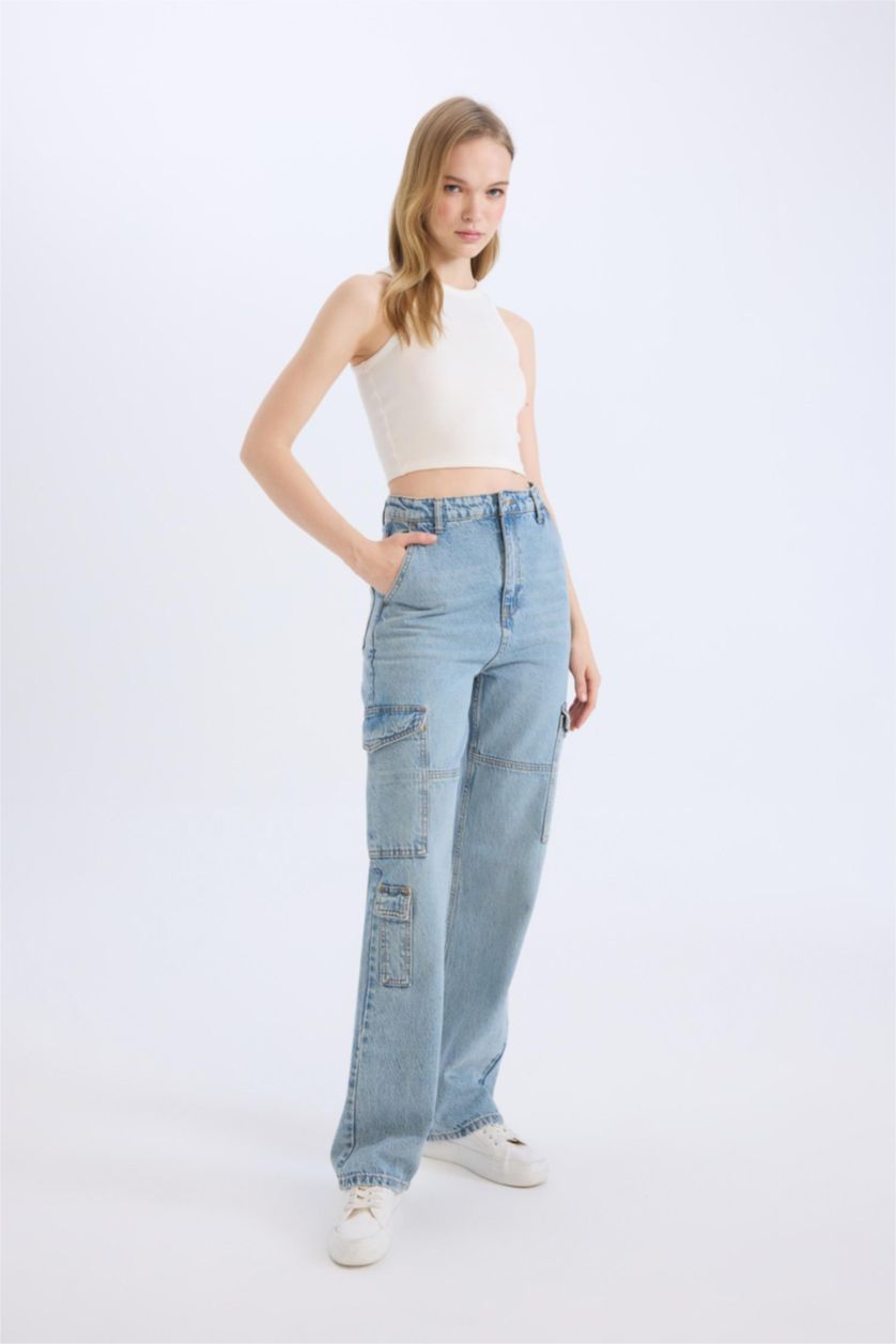 WOMAN Blue Wide Leg High Waist Straight Leg Washed Jeans