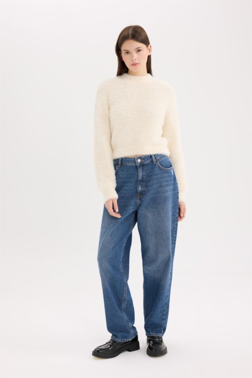 Kadın Koyu Mavi Baggy Fıt Yüksek Bel Düz Paça Standart Boy Jean Yıkamalı Pantolon