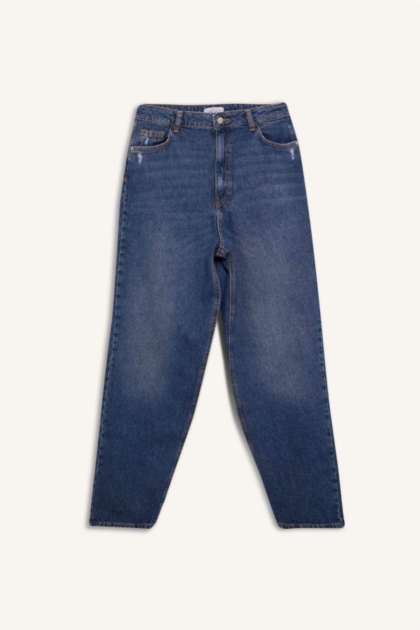 Kadın Koyu Mavi Baggy Fıt Yüksek Bel Düz Paça Standart Boy Jean Yıkamalı Pantolon