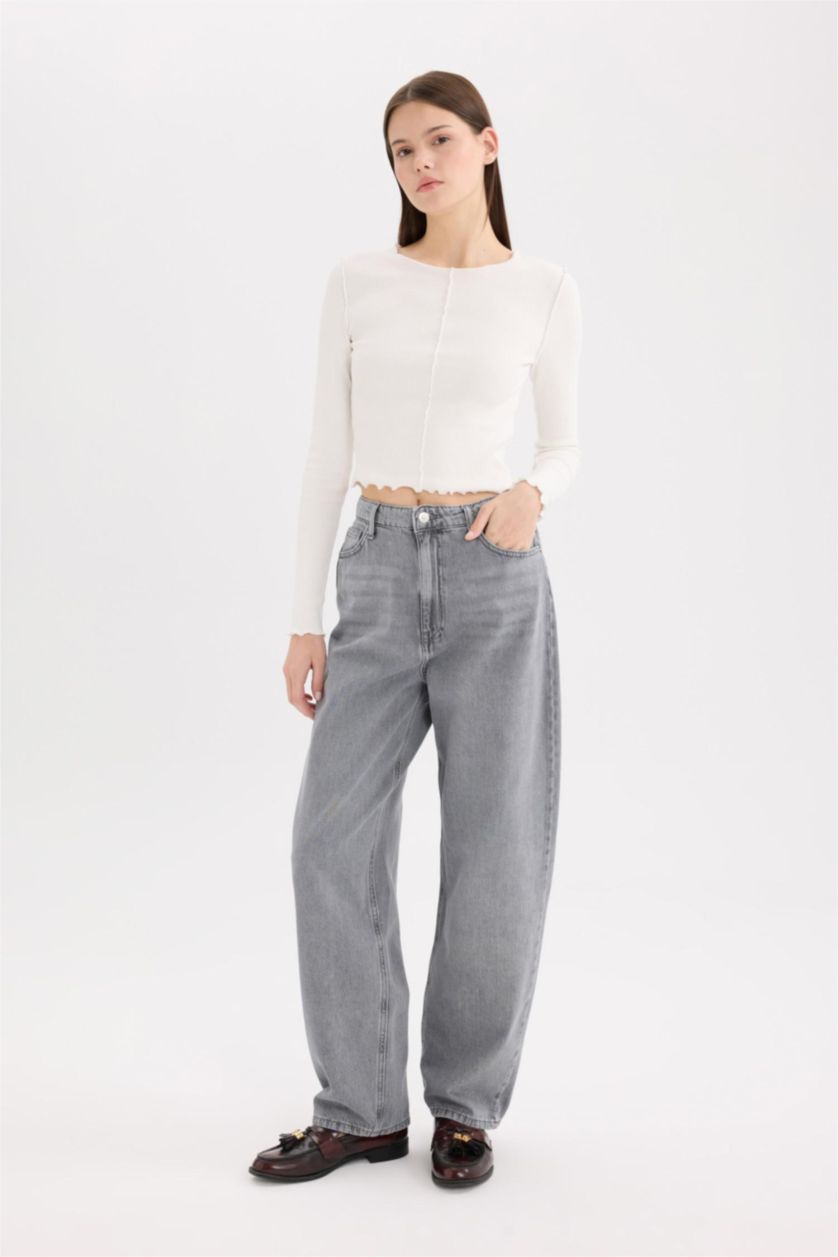 Kadın Gri Baggy Fit Yüksek Bel Düz Paça Uzun Jean Yıkamalı Pantolon