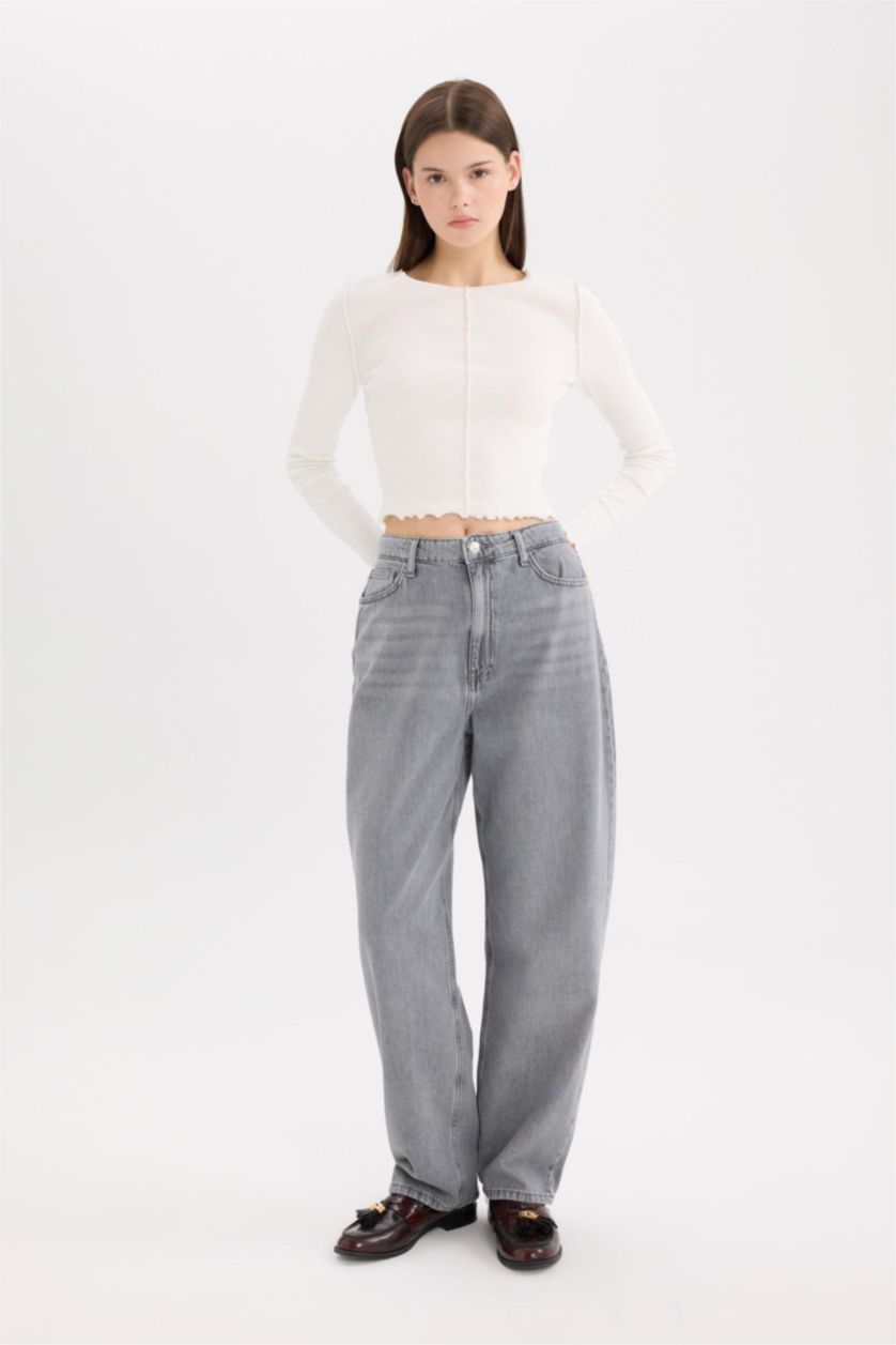 Kadın Gri Baggy Fit Yüksek Bel Düz Paça Uzun Jean Yıkamalı Pantolon