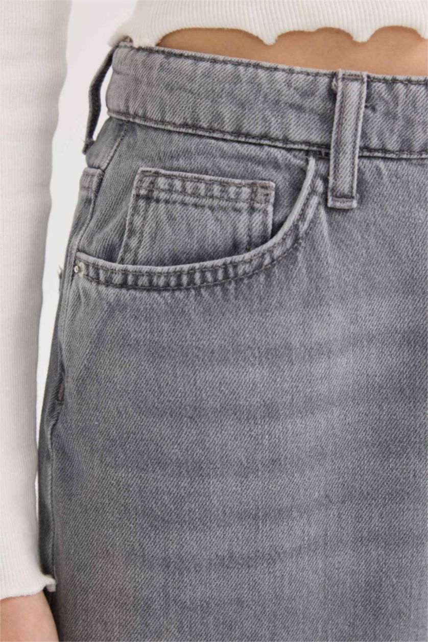 Kadın Gri Baggy Fit Yüksek Bel Düz Paça Uzun Jean Yıkamalı Pantolon