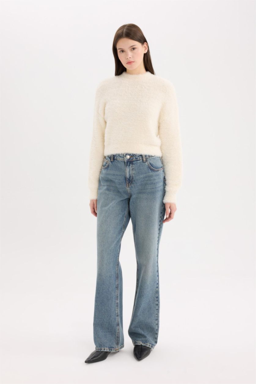 FEMME Bleu Pantalon Jean droit large taille haute délavé