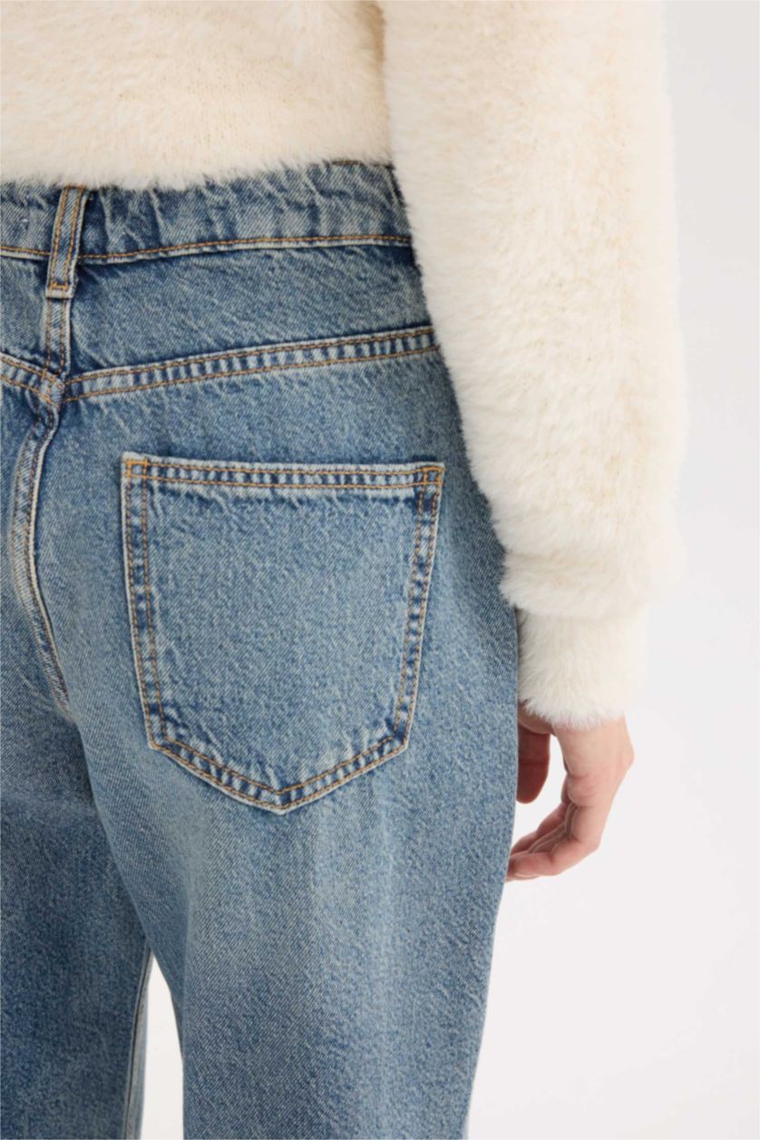 FEMME Bleu Pantalon Jean droit large taille haute délavé