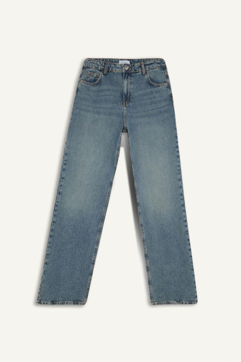 FEMME Bleu Pantalon Jean droit large taille haute délavé