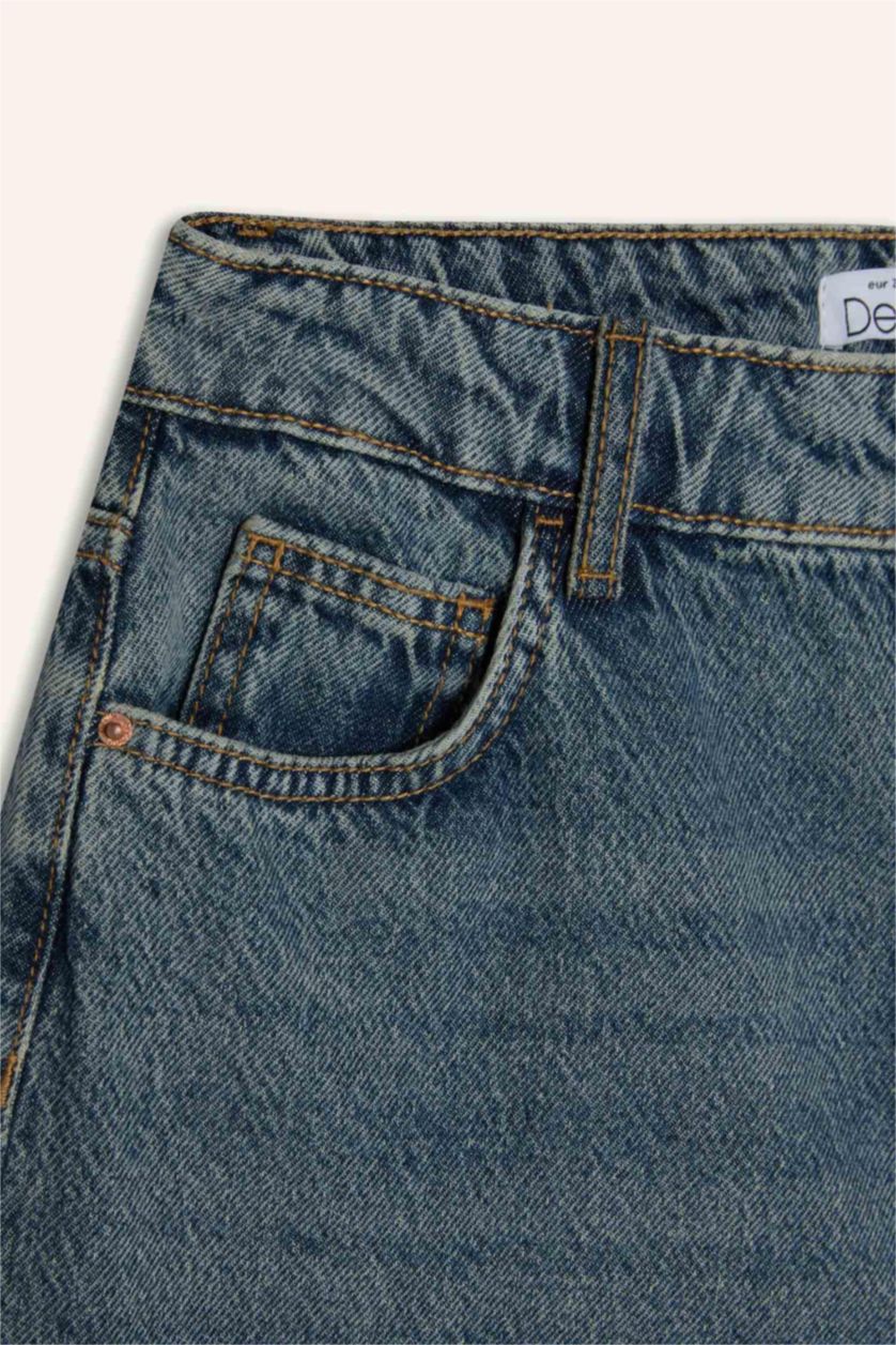 FEMME Bleu Pantalon Jean droit large taille haute délavé