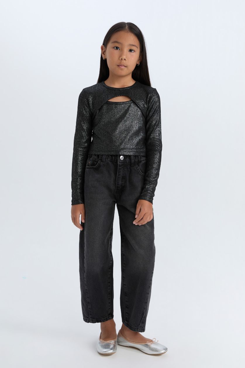 Kız Çocuk - Genç Kız Siyah Slim Fit Dar Kesim Bisiklet Yaka Parlak Kuma Sfitilli Kaşkorse Uzun Kollu Tişört Kız Çocuk