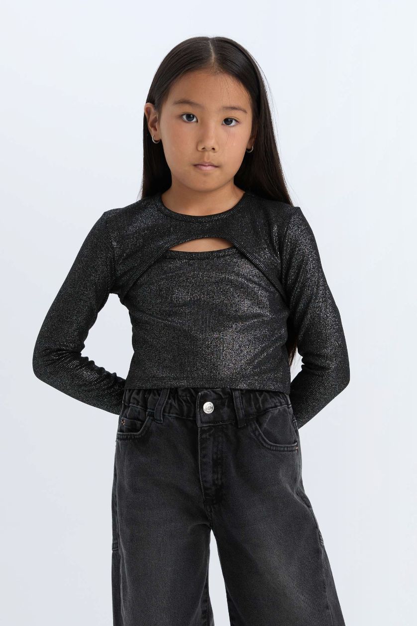 Kız Çocuk - Genç Kız Siyah Slim Fit Dar Kesim Bisiklet Yaka Parlak Kuma Sfitilli Kaşkorse Uzun Kollu Tişört Kız Çocuk