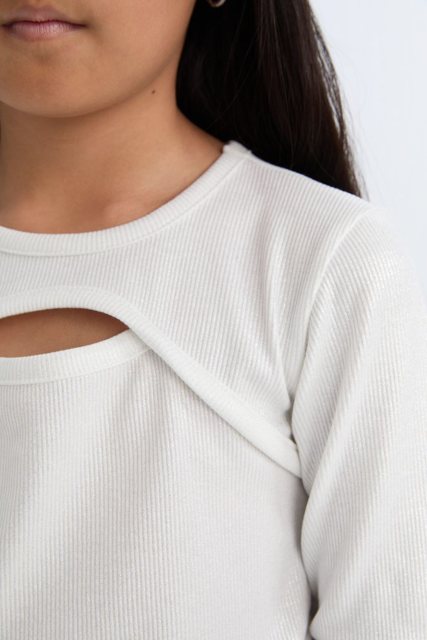 Kız Çocuk - Genç Kız Ekru Slim Fit Dar Kesim Bisiklet Yaka Parlak Kumaş Fitilli Kaşkorse Uzun Kollu Tişört Kız Çocuk