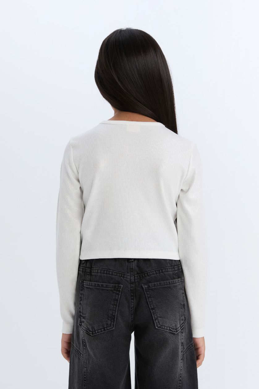 Kız Çocuk - Genç Kız Ekru Slim Fit Dar Kesim Bisiklet Yaka Parlak Kumaş Fitilli Kaşkorse Uzun Kollu Tişört Kız Çocuk