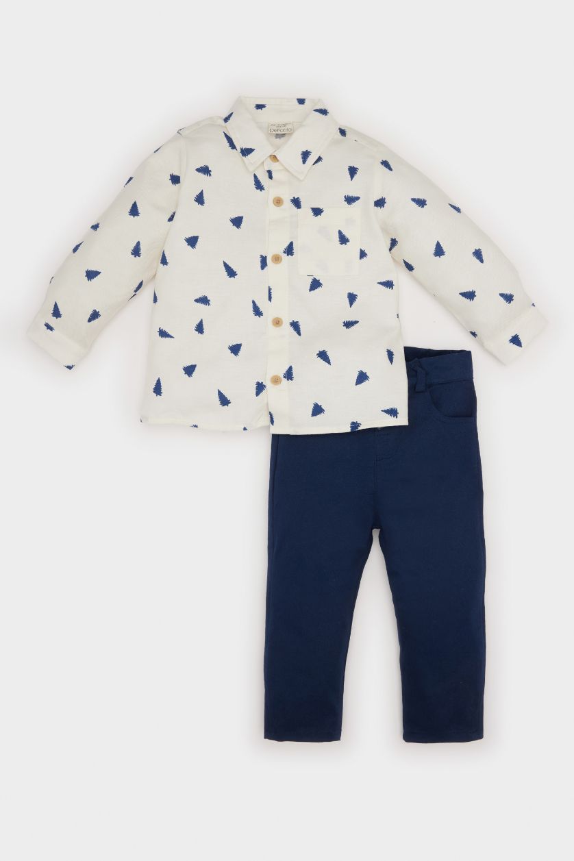 Erkek Bebek Ekru Yılbaşı Temalı 2'li Takım Gömlek Üst Pantolon Alt Erkek Bebek