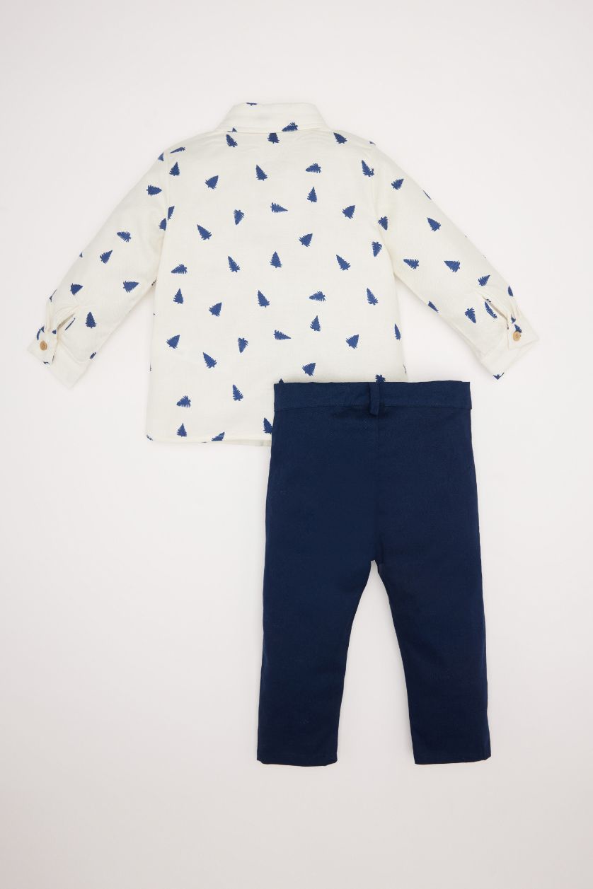 Erkek Bebek Ekru Yılbaşı Temalı 2'li Takım Gömlek Üst Pantolon Alt Erkek Bebek