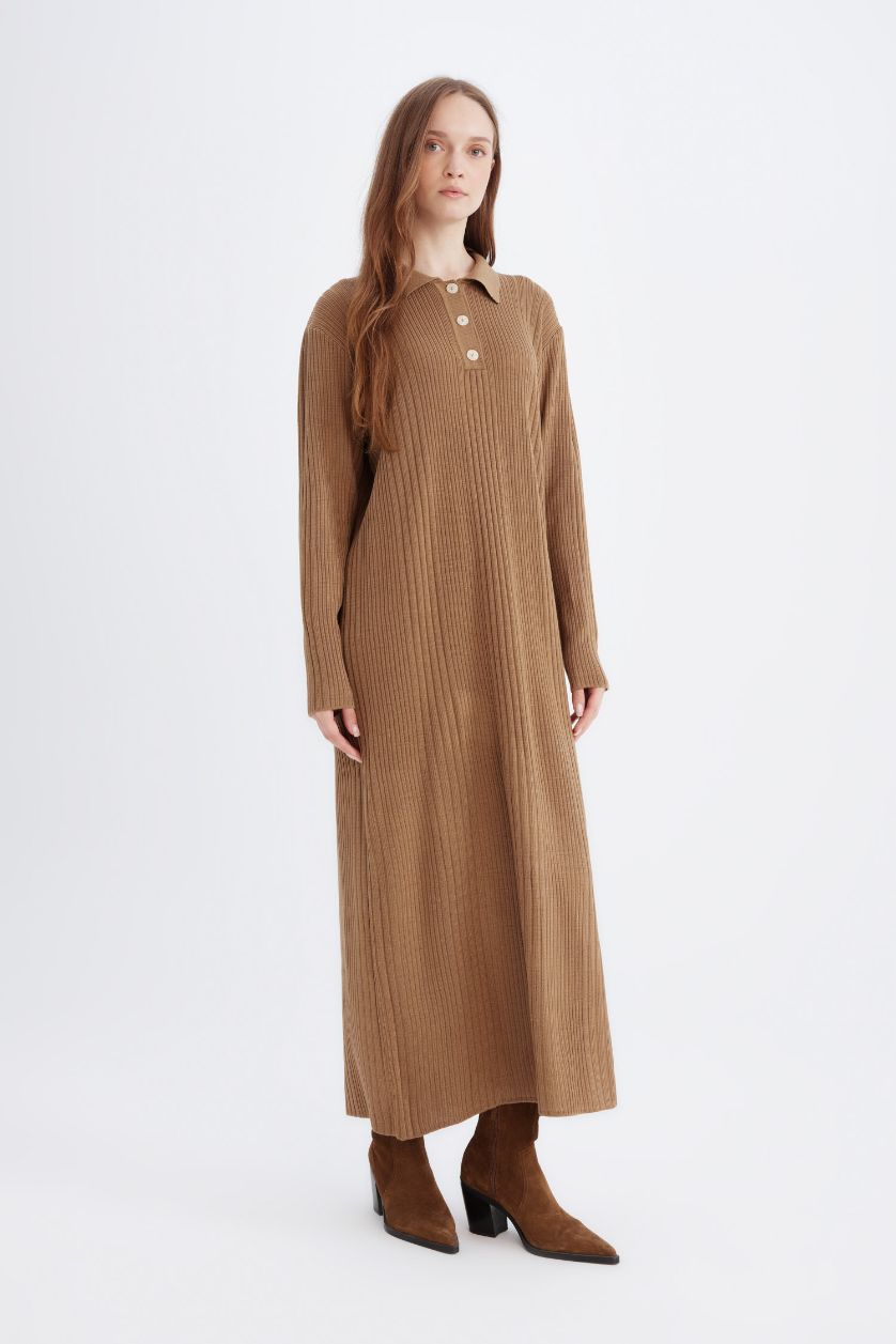 Woman Camel Regular Fit Polo Neck Basic Maxi Knit Dress