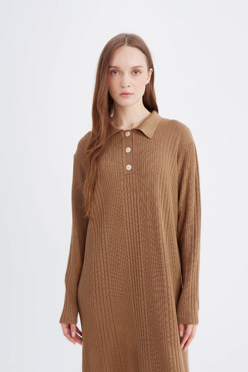Woman Camel Regular Fit Polo Neck Basic Maxi Knit Dress