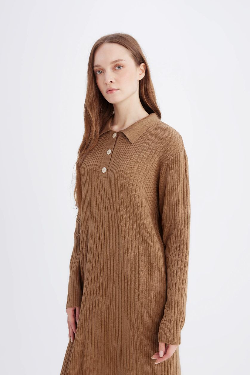 Woman Camel Regular Fit Polo Neck Basic Maxi Knit Dress