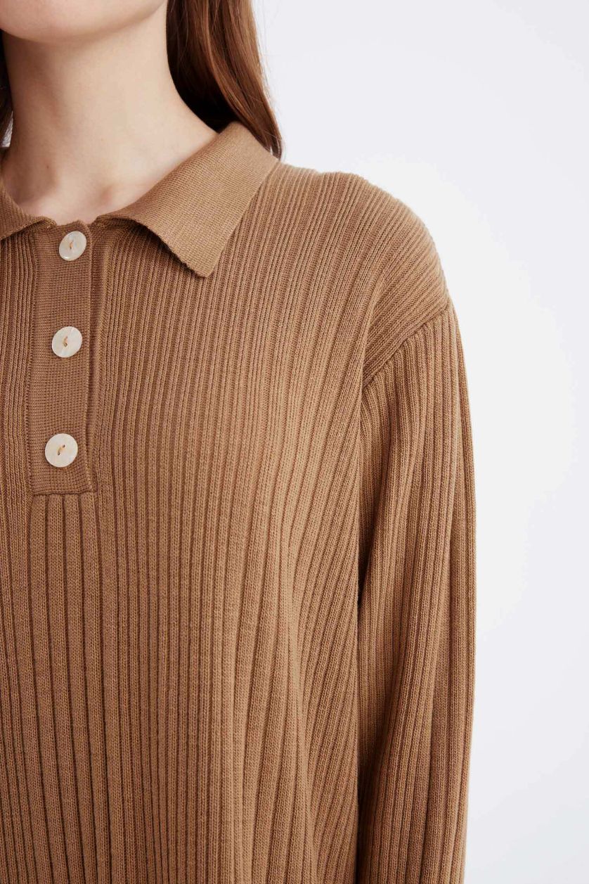 Woman Camel Regular Fit Polo Neck Basic Maxi Knit Dress