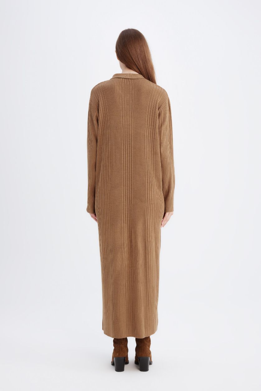 Woman Camel Regular Fit Polo Neck Basic Maxi Knit Dress