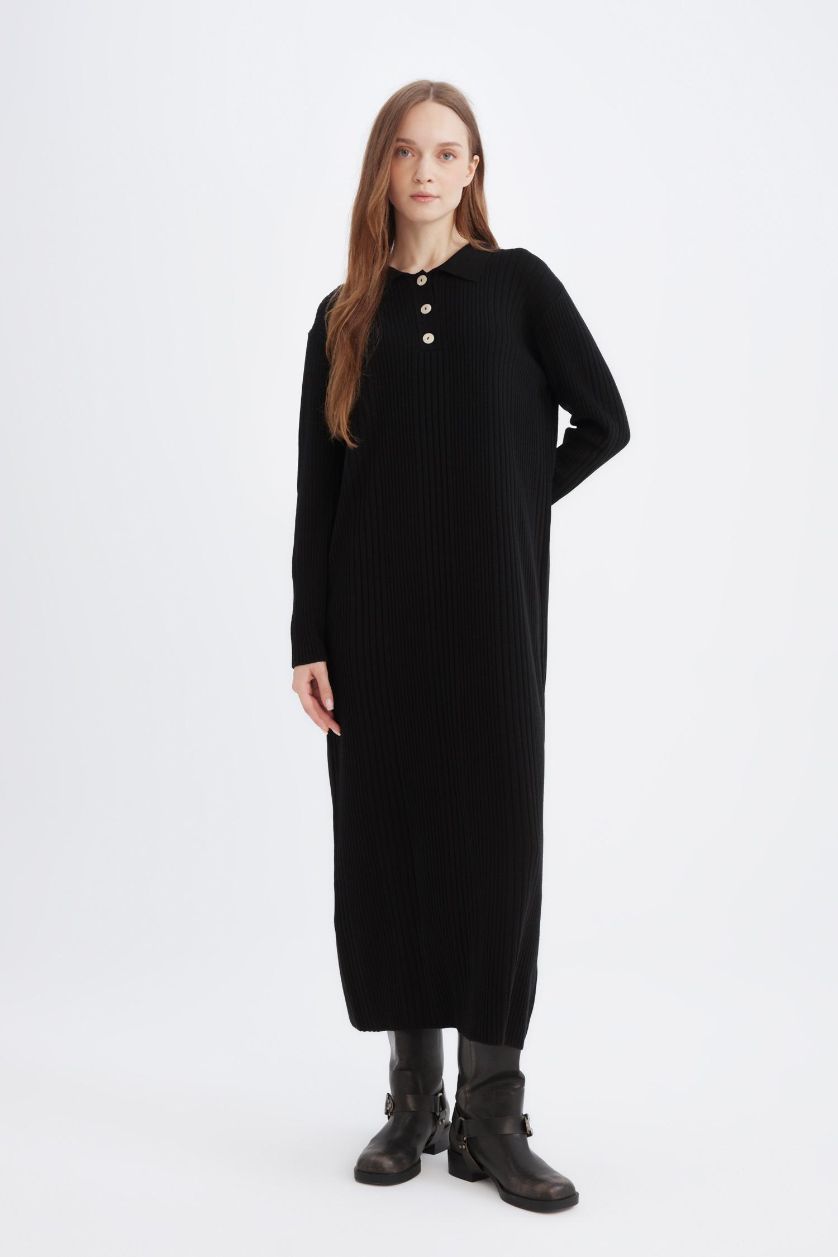 Woman Black Regular Fit Polo Neck Basic Maxi Knit Dress