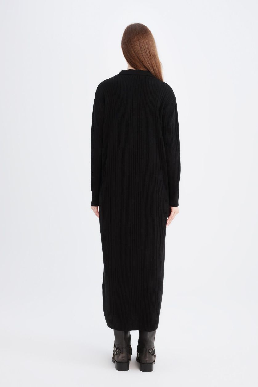 Woman Black Regular Fit Polo Neck Basic Maxi Knit Dress