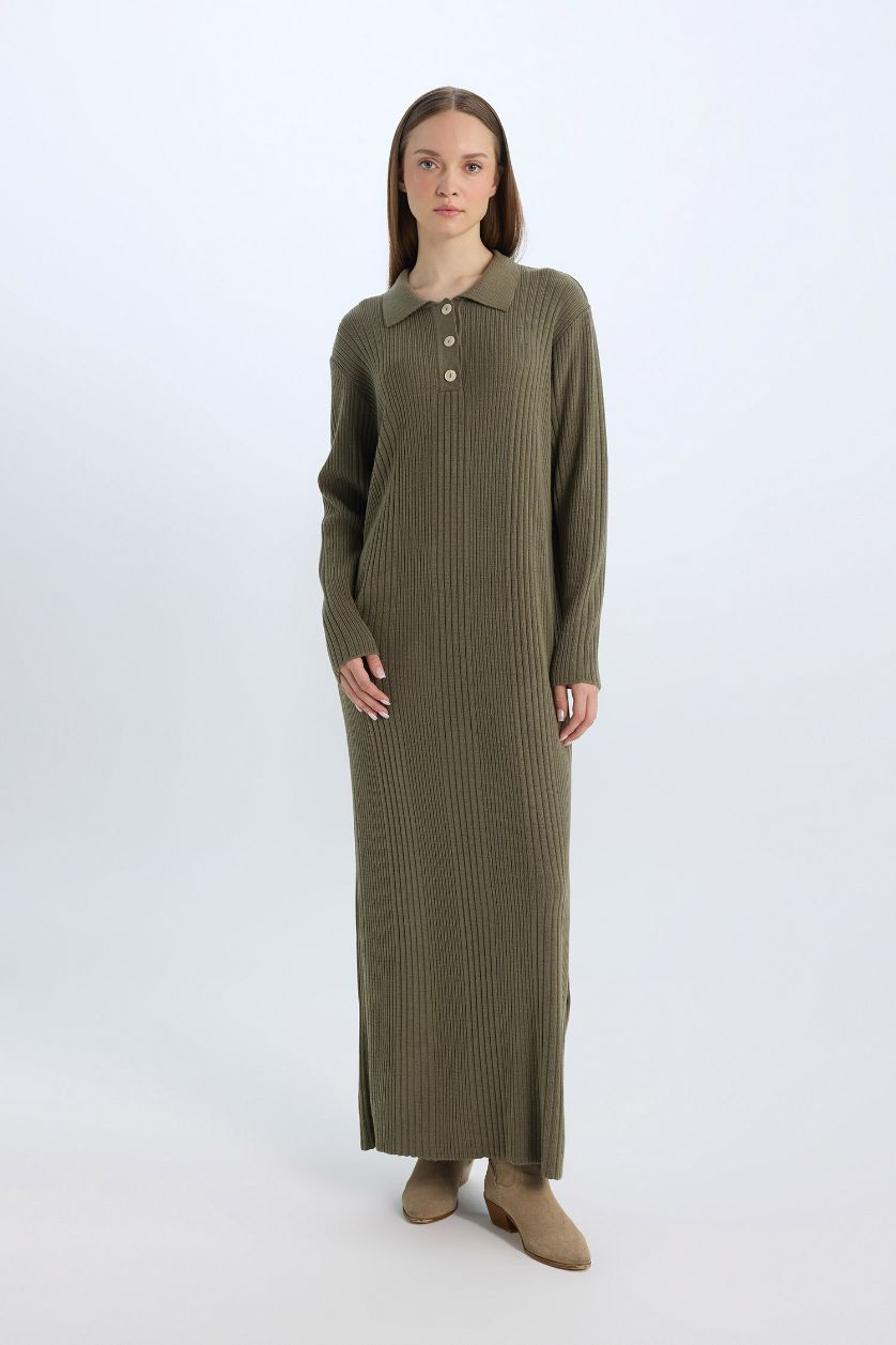 نساء كاكي فستان طويل كم طويل قصة عادية برقبة بولو