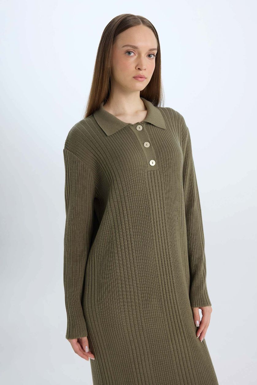 نساء كاكي فستان طويل كم طويل قصة عادية برقبة بولو