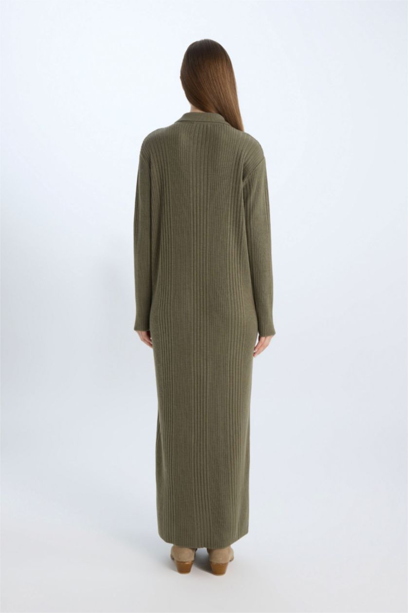 نساء كاكي فستان طويل كم طويل قصة عادية برقبة بولو