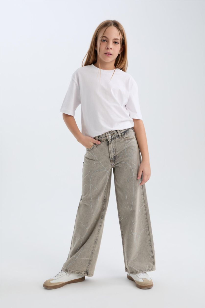Kız Çocuk - Genç Kız Gri Kız Çocuk Yılbaşı Temalı Wide Leg Geniş Paça Jean Pantolon