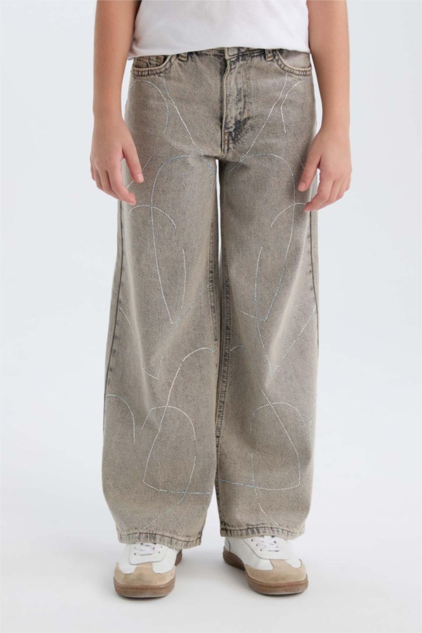 Kız Çocuk - Genç Kız Gri Kız Çocuk Yılbaşı Temalı Wide Leg Geniş Paça Jean Pantolon