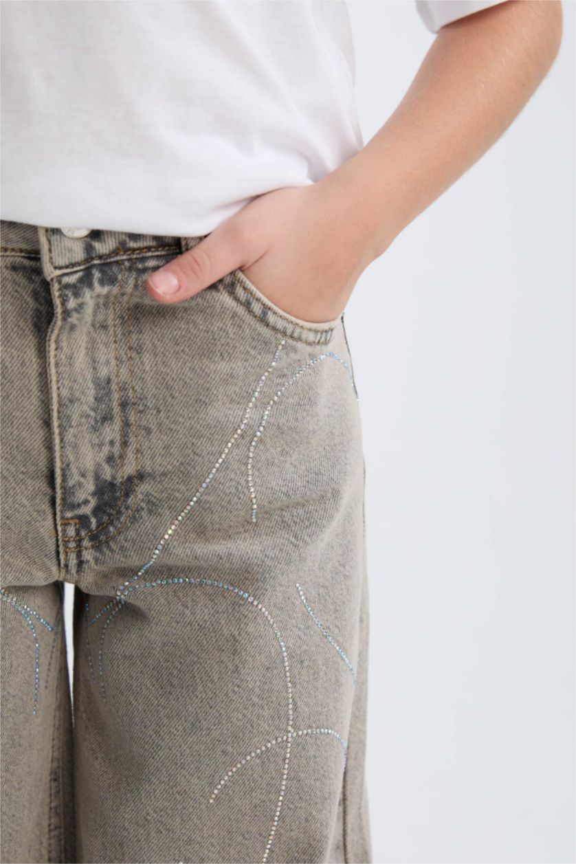 Kız Çocuk - Genç Kız Gri Kız Çocuk Yılbaşı Temalı Wide Leg Geniş Paça Jean Pantolon