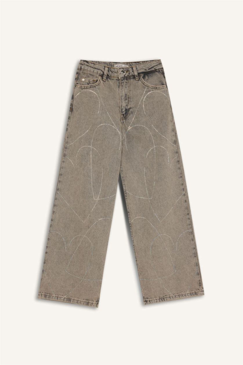 Kız Çocuk - Genç Kız Gri Kız Çocuk Yılbaşı Temalı Wide Leg Geniş Paça Jean Pantolon