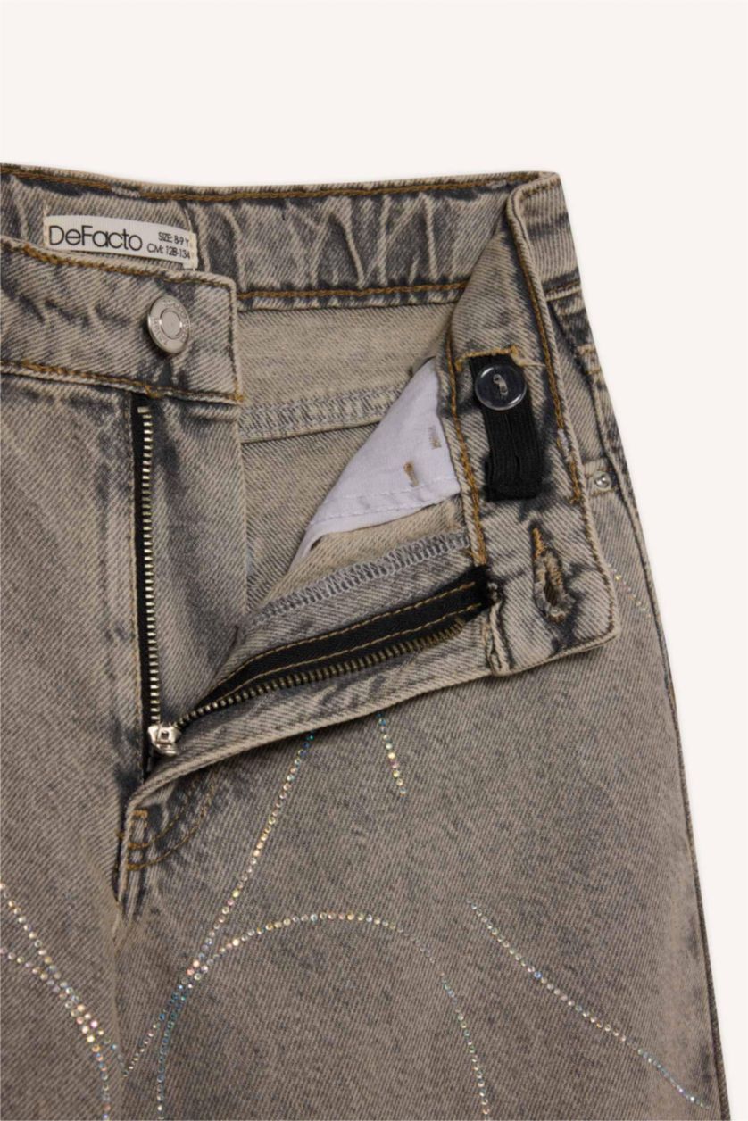 Kız Çocuk - Genç Kız Gri Kız Çocuk Yılbaşı Temalı Wide Leg Geniş Paça Jean Pantolon