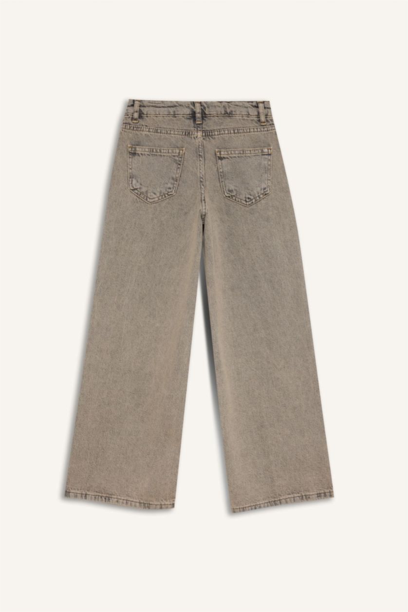 Kız Çocuk - Genç Kız Gri Kız Çocuk Yılbaşı Temalı Wide Leg Geniş Paça Jean Pantolon