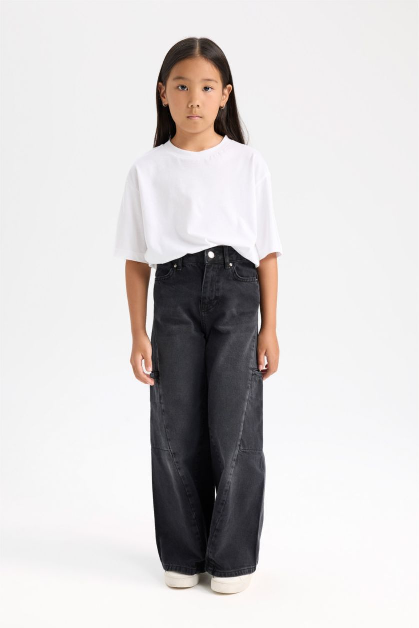 FILLES Noir Pantalon Jean Baggy à jambes larges pour Fille