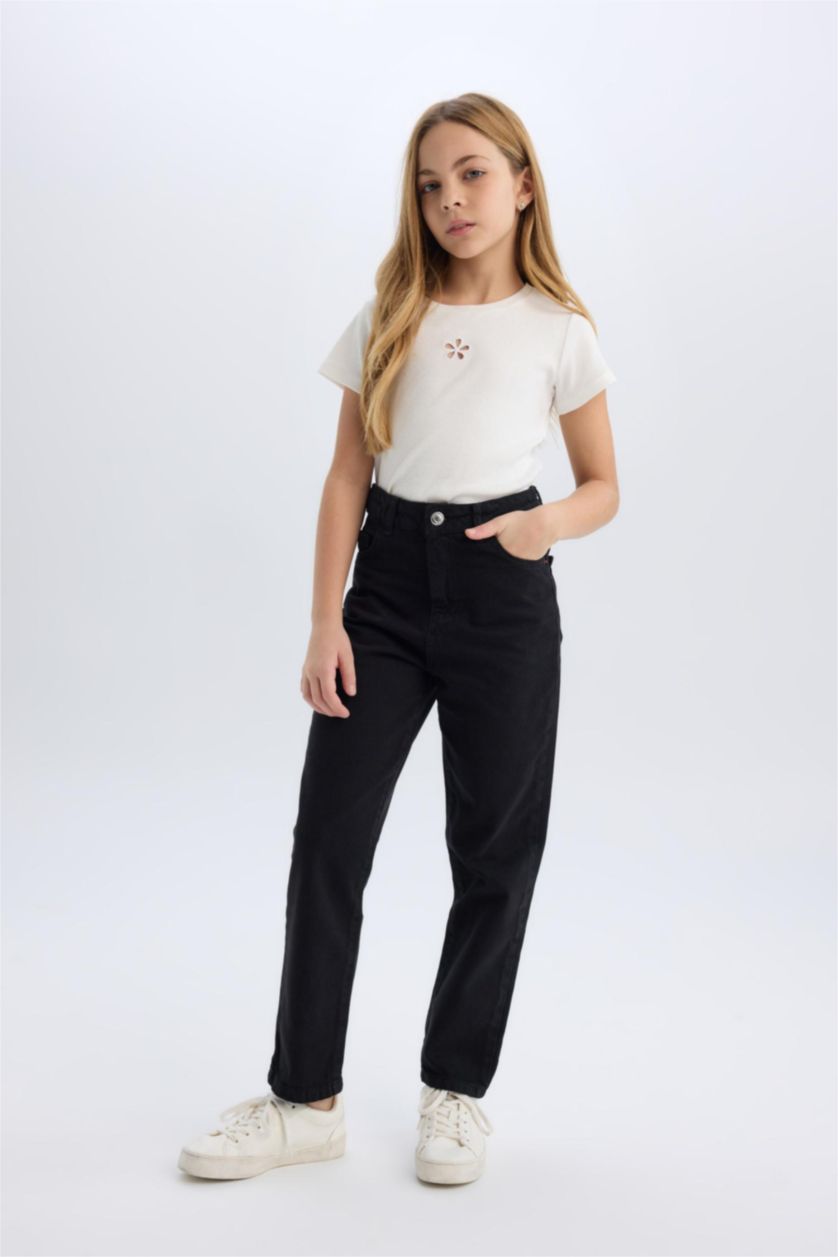 FILLES Noir Mom Jean droit pour fille