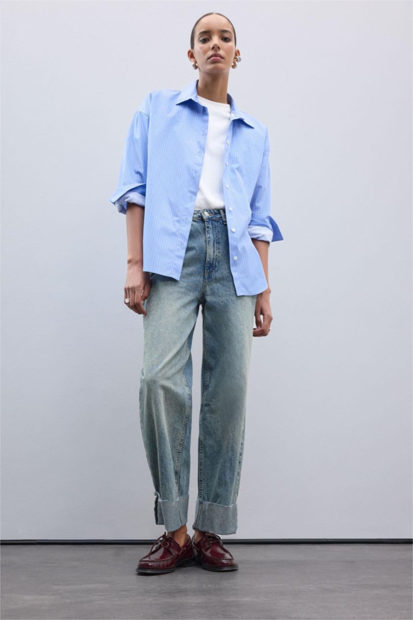 Kadın Mavi Baggy Fit Yüksek Bel Katlamalı Paça Bilek Boy Jean Yıkamalı Pantolon