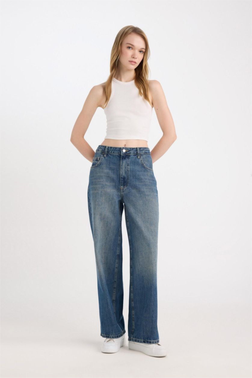 نساء أزرق غامق سروال جينز باجي فيت بحافة مطوية وخصر عالي