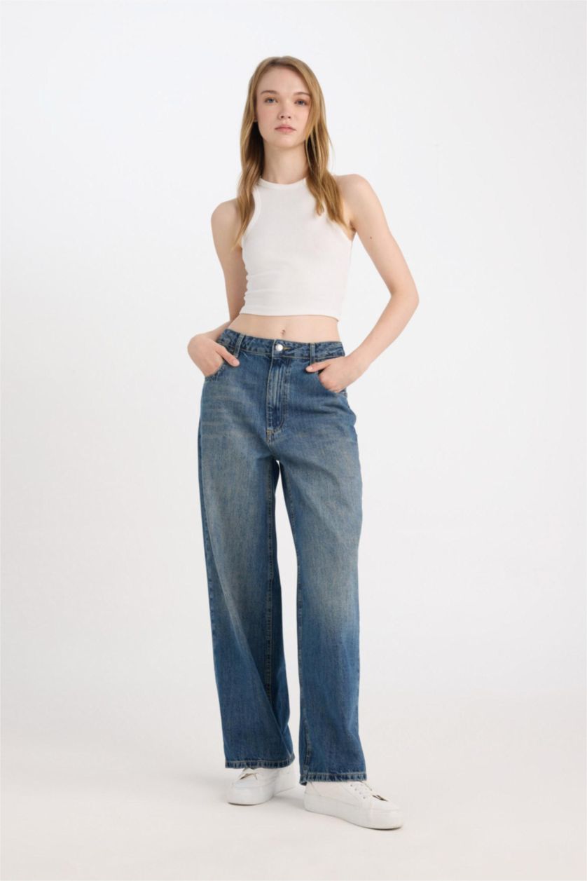 نساء أزرق غامق سروال جينز باجي فيت بحافة مطوية وخصر عالي