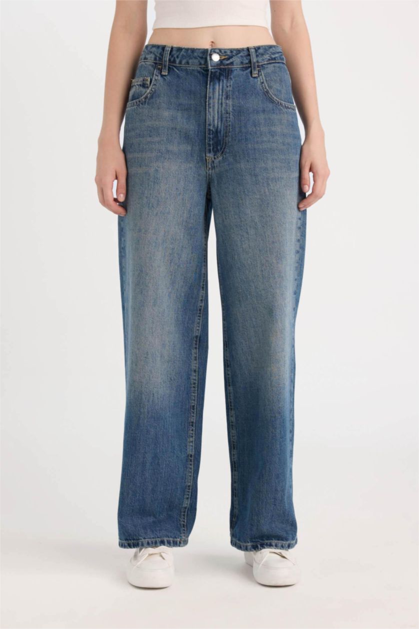 نساء أزرق غامق سروال جينز باجي فيت بحافة مطوية وخصر عالي