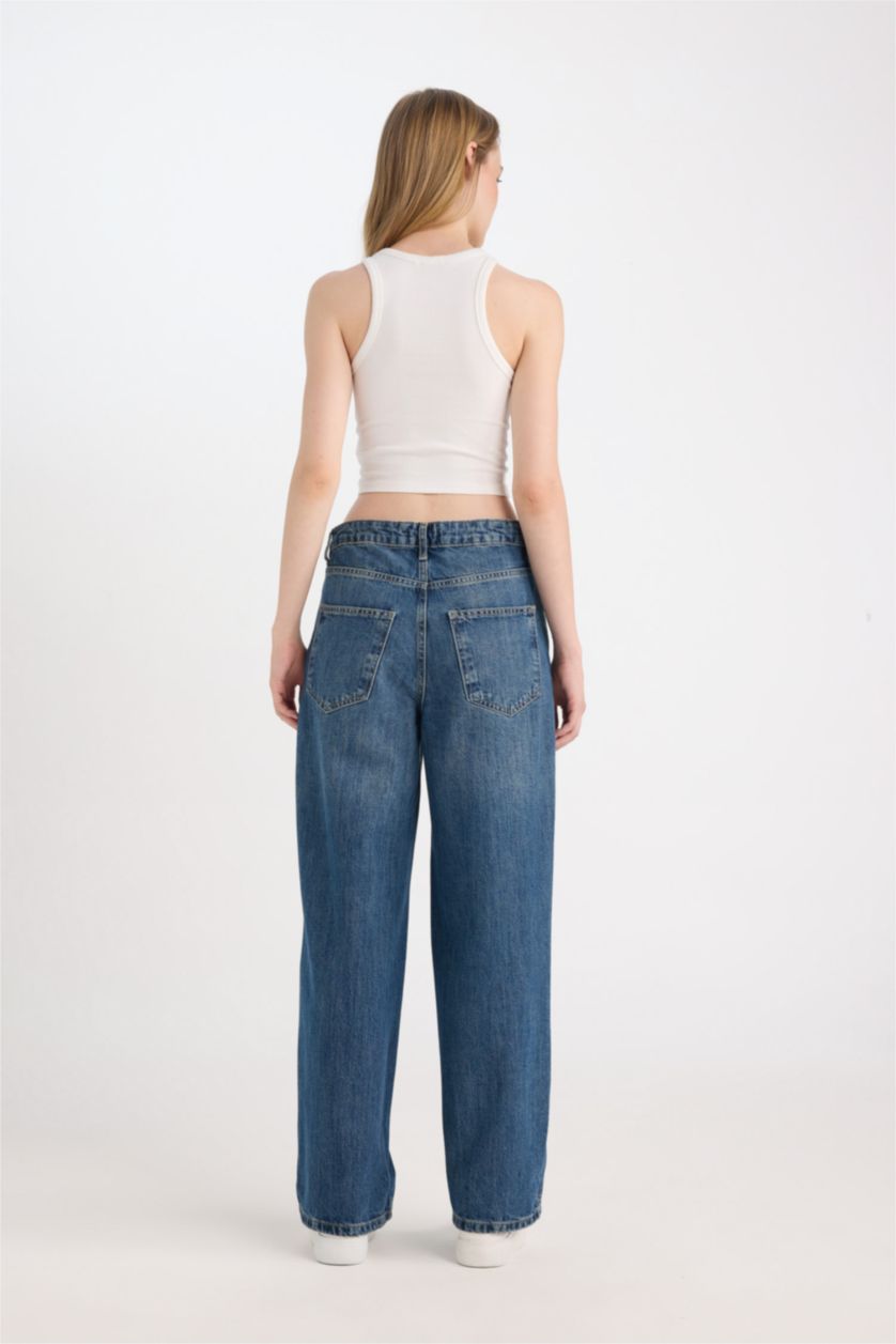 نساء أزرق غامق سروال جينز باجي فيت بحافة مطوية وخصر عالي