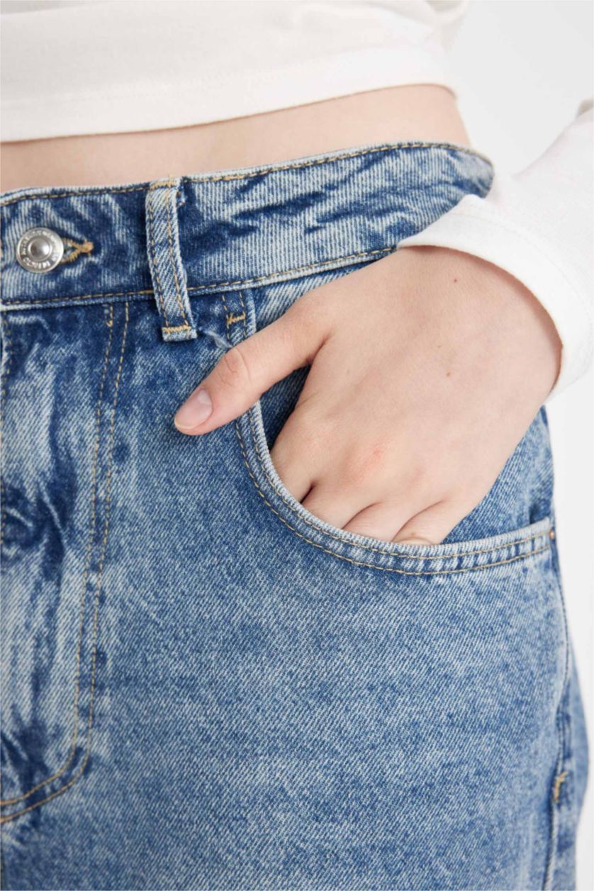 WOMAN Dark Blue Baggy Fit High Waist Folded Leg Ankle Length Washed Jeans