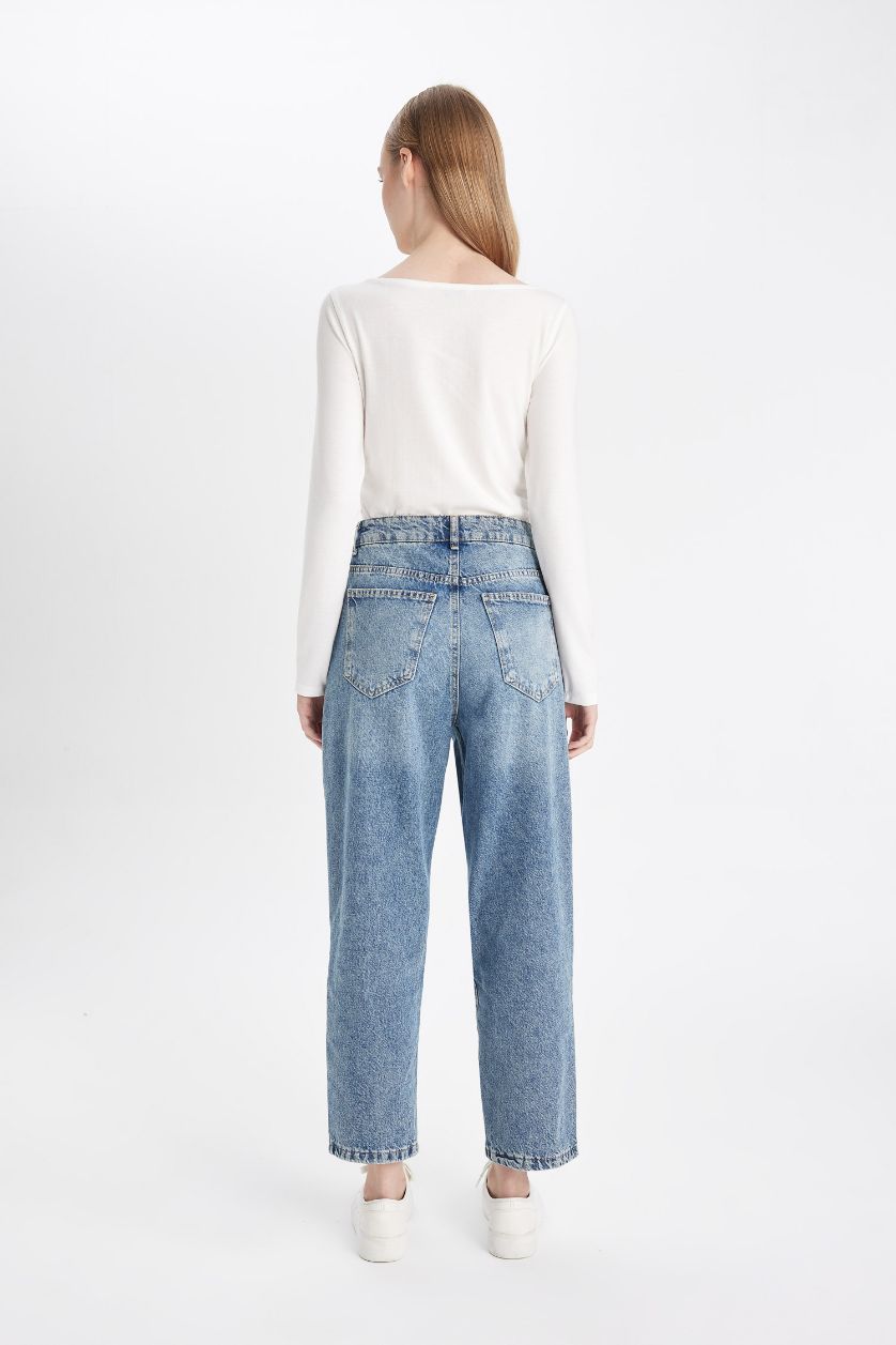 WOMAN Dark Blue Baggy Fit High Waist Folded Leg Ankle Length Washed Jeans