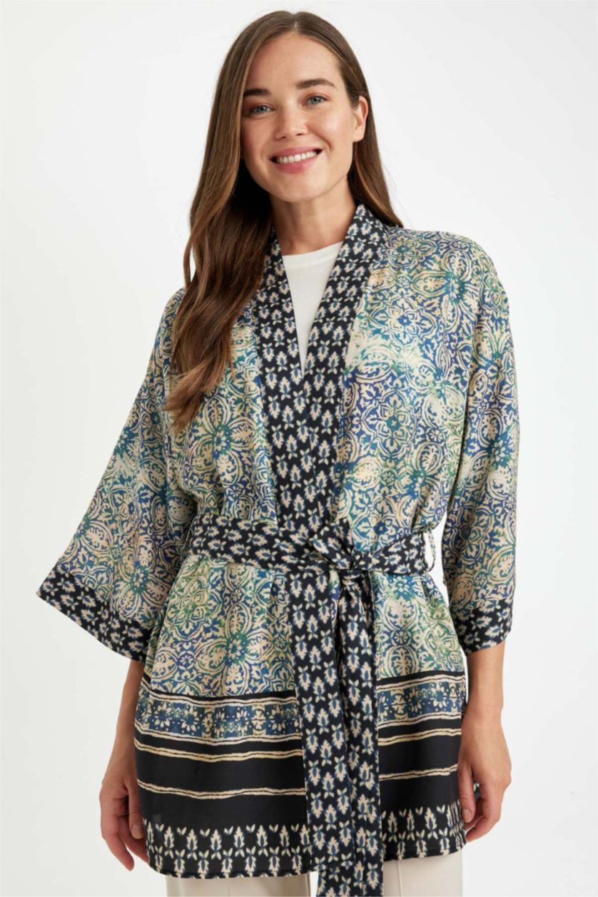 Woman NAVY Relax Fit Patterned Belted Kimono