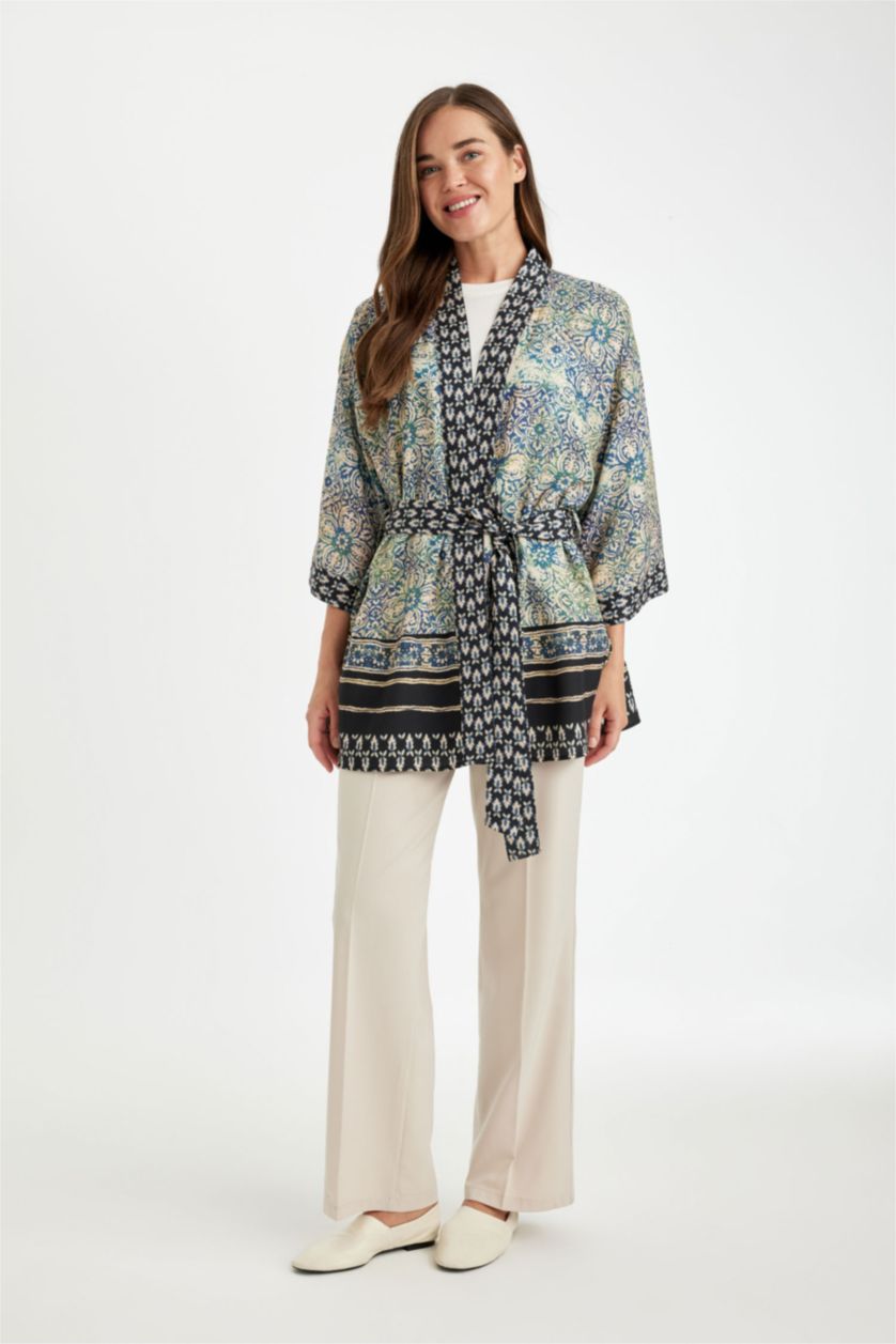 Woman NAVY Relax Fit Patterned Belted Kimono